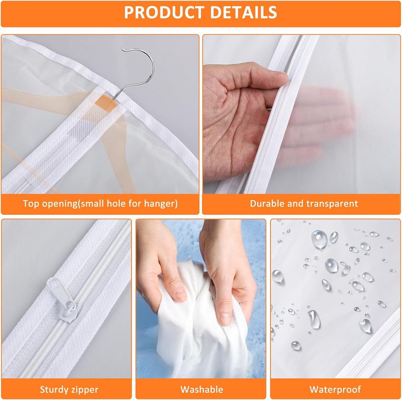 Transparante kledingzakken met ritssluiting, Ouinne-verpakking van 10 kledingzakken lang, 60 x 120 cm/140 cm, voor kledingopslag, doorschijnende pakzakken, kledinghoezen voor jassen, jassen (wit)