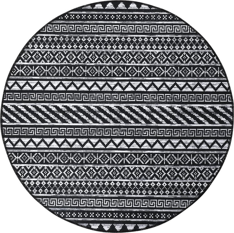 Vloerkleed voor binnen en buiten, rond, lage pool, machinewasbaar, water- en vlekafstotend tapijt voor woonkamer, slaapkamer, eetkamer, thuiskantoor, 120 cm, zwart