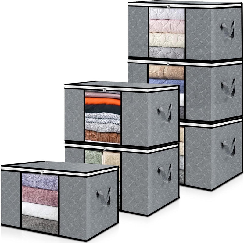 6 stuks | Opbergtas van 90 liter, opbergzakken voor kleding, stof met transparant venster 60x43x35cm, opvouwbare dozen, organizer onder het bed voor dekbedden, handdoeken (grijs/zwart)