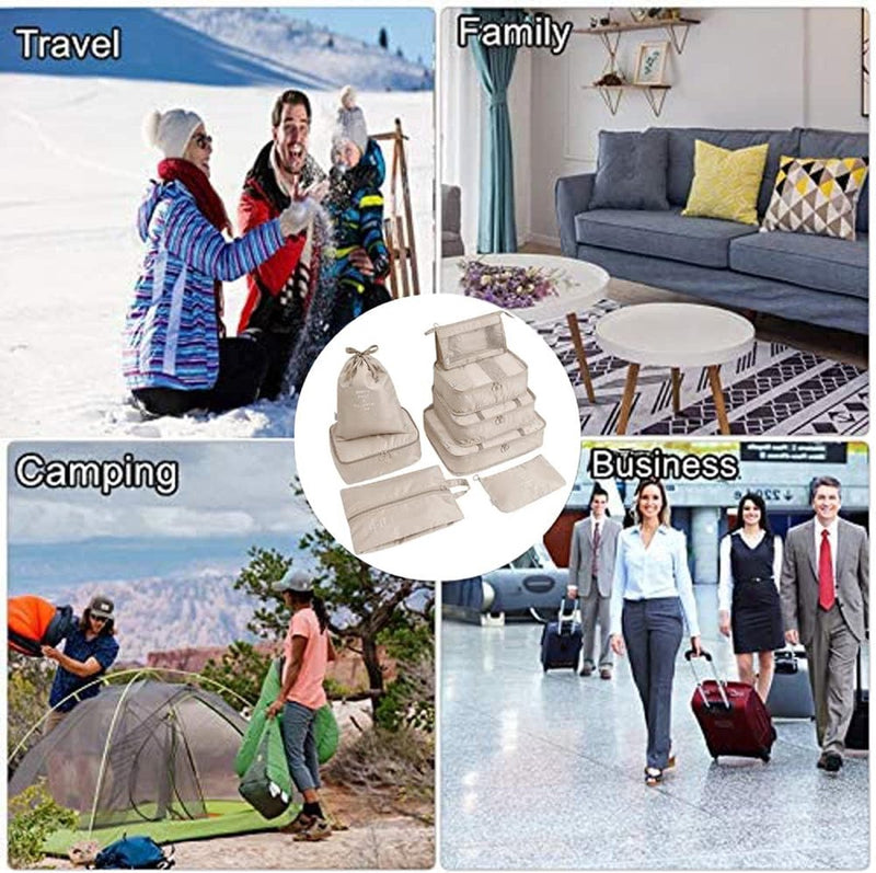 Kofferorganizerset, 8-delig, verpakkingskubussen, vakantie- en reis-hangmandset, beige