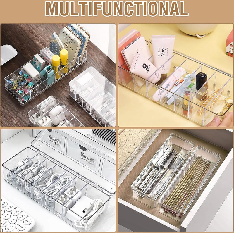 2 stuks kabelopbergdoos, transparante kabelorganizerbox met 8 verwijderbare vakken en 14 kabelbinders, kabelmanagementbox voor bureauopslag, kantoor met labelpapier