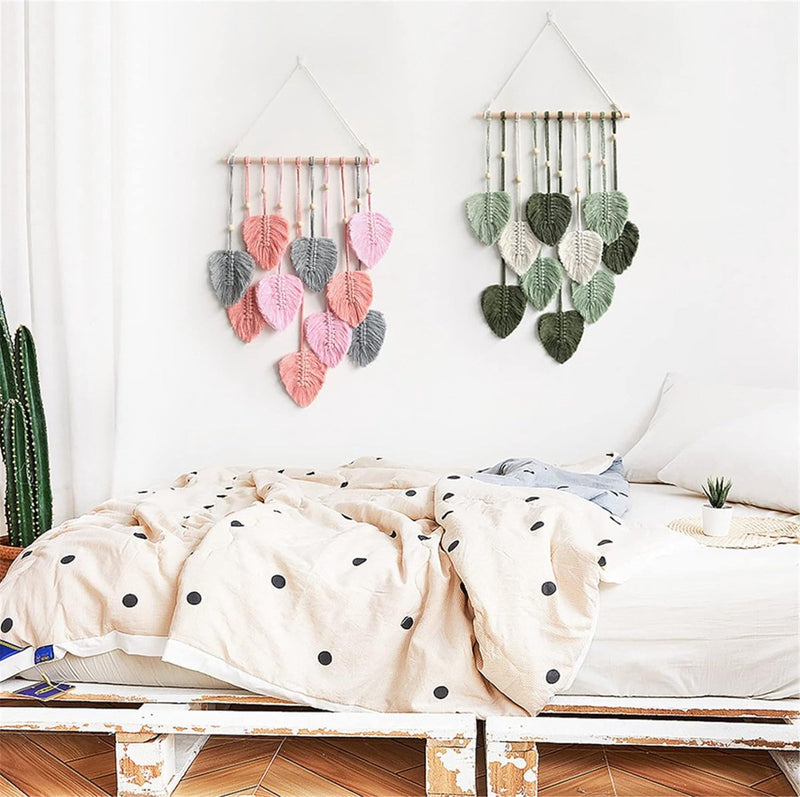 Macramé wandtapijt, boho-decoratie, wandtapijt in boho-stijl met houten kralen en bladeren, wandtapijt, boho, handgemaakt, voor buiten, woonkamer, slaapkamer, binnen, geschenken, 40 80 cm (groen)