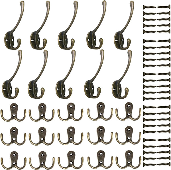 15 stuks dubbele wandhaken, wandjashaken en 10 stuks zwanenhals-haken, kledinghaken met schroeven, voor garderobehaken, badkamer, keuken, retro