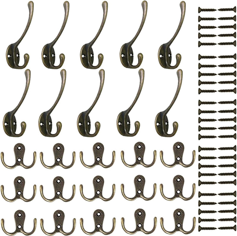 15 stuks dubbele wandhaken, wandjashaken en 10 stuks zwanenhals-haken, kledinghaken met schroeven, voor garderobehaken, badkamer, keuken, retro