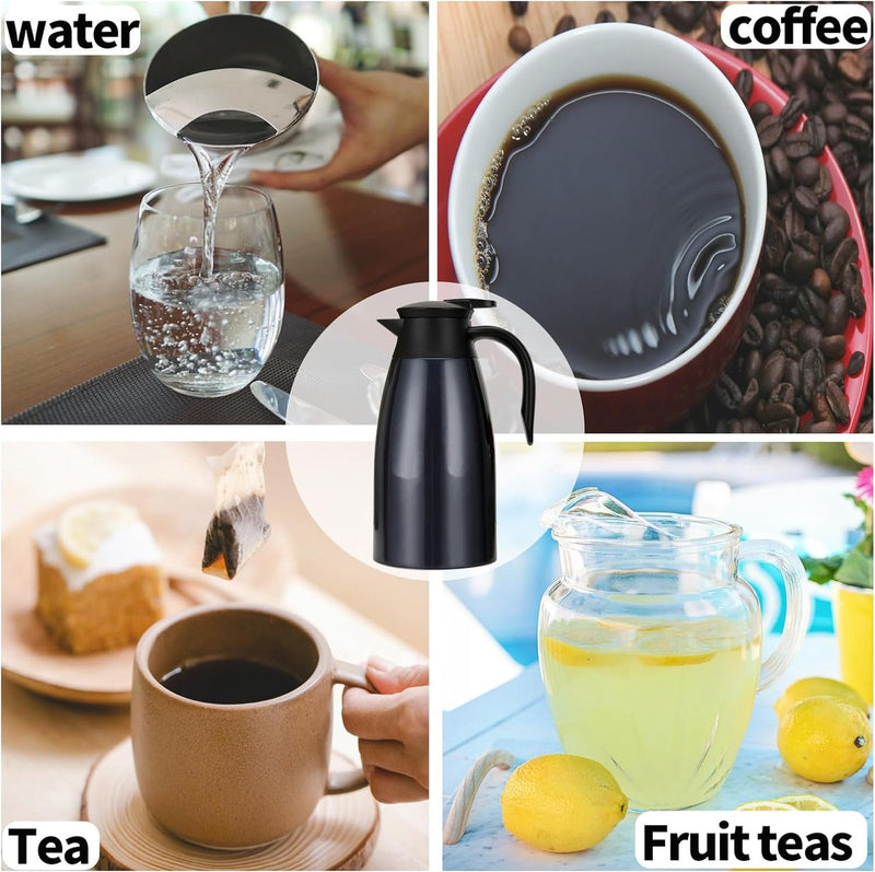 2L geïsoleerde koffiepot, voedselveilige 304 roestvrijstalen geïsoleerde kan, geïsoleerde vacuümkoffiepot met drukknopbovenkant, koffiekarafkan voor thee, warme en koude dranken (marineblauw)