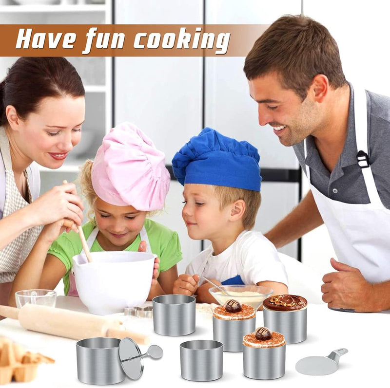 Dessertringen en dinerringen, kleine ringenset, 8-delig, mini-taartringvormen, roestvrijstalen mousse-ringen, 7,5 cm, ronde mousse-ring, 8 ringen, 1 lifter, 1 stempel voor het bakken van