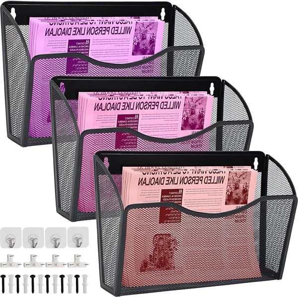 Archiefmap wandmontage A4, enkel compartiment wandmontage metalen rooster organizer wand tijdschriftenhouder brochurehouder tijdschriften wandhouder archiefbak, voor kantoor, school en thuis, 3 vakken