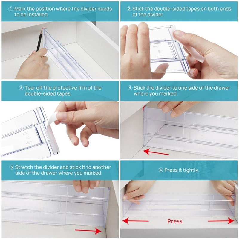 Kunststof ladeverdeler, verstelbaar, set van 8 (30,99 - 55,12 cm), transparante ladeverdeler, lade-organizer voor keukenopslag, slaapkamer, commode, met dubbelzijdig plakband