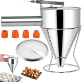 Pannenkoekendeegdispenser, 1,2 l, deegportioneerder, roestvrij staal, met deksel, roestvrijstalen trechter met standaard en 4 trechtermondingen, deeg-keukentrechter voor cake, pannenkoeken,