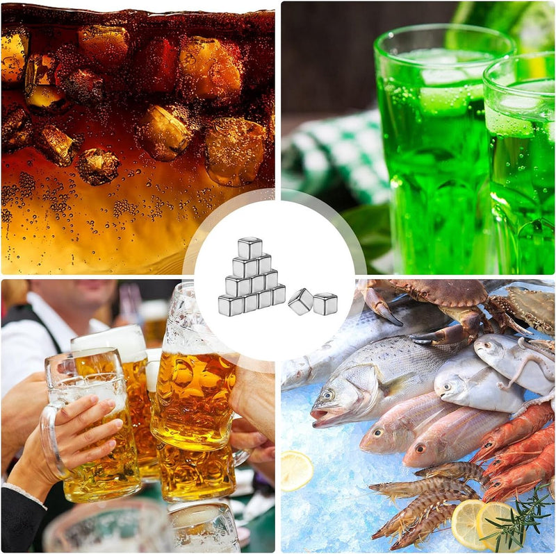 Roestvrij stalen ijsblokjes: 12 stuks whiskystenen ijsblokjes roestvrij staal met clips ijsblokjes herbruikbaar met high cooling-technologie herbruikbare metalen ijsblokjes voor whisky, wodka, wijn