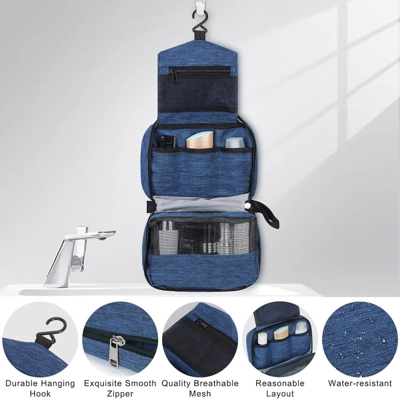 Toilettas, hangende toilettas voor dames, waterdichte reis-cultuurorganizer met stevige haak, compacte draagbare make-uptas voor dames en heren, badkameropbergtas, Donkerblauw, Hangende
