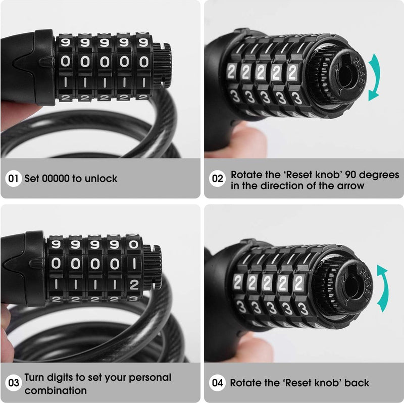 Fietsslot met 5-cijferige code, 1,2 m lang, cijferslot wiel met kabel, zeer licht, veiligheidsslot voor fiets en mountainbike met houder (paars)