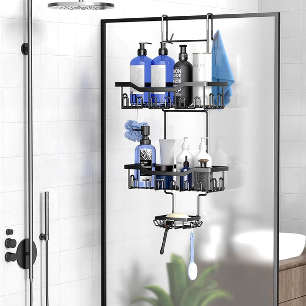 Doucheplank om op te hangen, doucheplank zonder boren met zeepbakje, meerdere haken, douchemand, hangende badkamerorganizer (zwart)