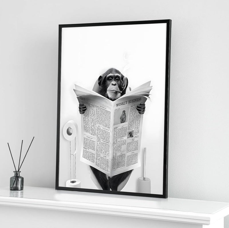Mooie krant dier muur kunst zwart en wit canvas bedrukte cabine badkamer decoratie bad muur afbeelding, frameloos (aap, 1 stuk - 30 x 40 cm)