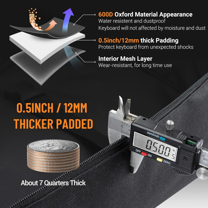 Toetsenbordtas, elektrisch toetsenbord, piano, zachte tas, draagbaar, 600D Oxford-doek, 12 mm dik gevoerde case, met zijhandgrepen en verstelbare schouderriem