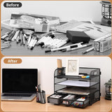 Mesh Brievenbak Organisator, Bureau Nette Organisator Bestand Documenthouder A4 Papieren Archiefladen voor Thuiskantoor School (Mesh Metal 4 Tier + Lade + Penhouder)