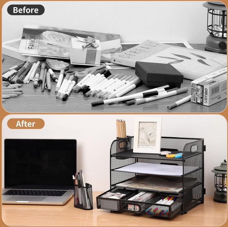 Mesh Brievenbak Organisator, Bureau Nette Organisator Bestand Documenthouder A4 Papieren Archiefladen voor Thuiskantoor School (Mesh Metal 4 Tier + Lade + Penhouder)