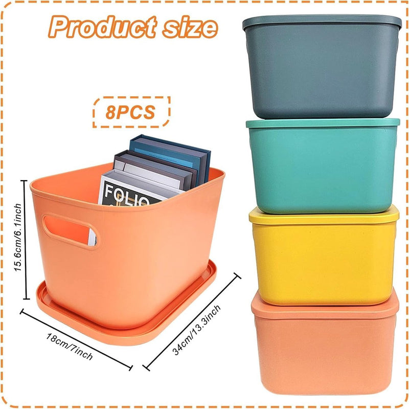 8 stuks kleurrijke kunststof opbergmanden met deksel en handvat, stapelbare opbergdoos, mandhouder, bureau-opbergdoos, kubby-container voor plank, kast, keuken