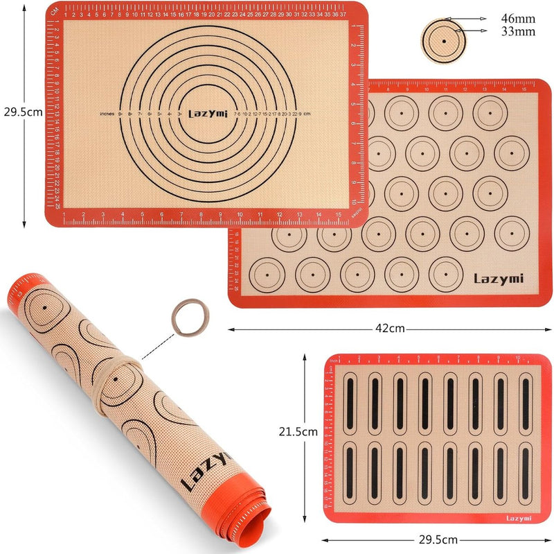 Bakmat siliconen met meting, 3-delige set, anti-aanbaklaag, siliconenmat bakken voor macaron, cake, brood, pizzamat, deegmat, uitrolmat (rood)