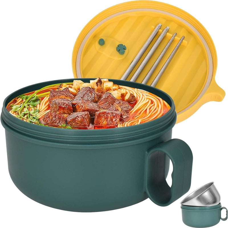 Japanse kom met deksel, 1200 ml ramenkom, plastic soepkom en verwijderbare roestvrijstalen voering, ramenkom, saladecontainer voor bij eetstokjes, Japans servies (geelgroen)