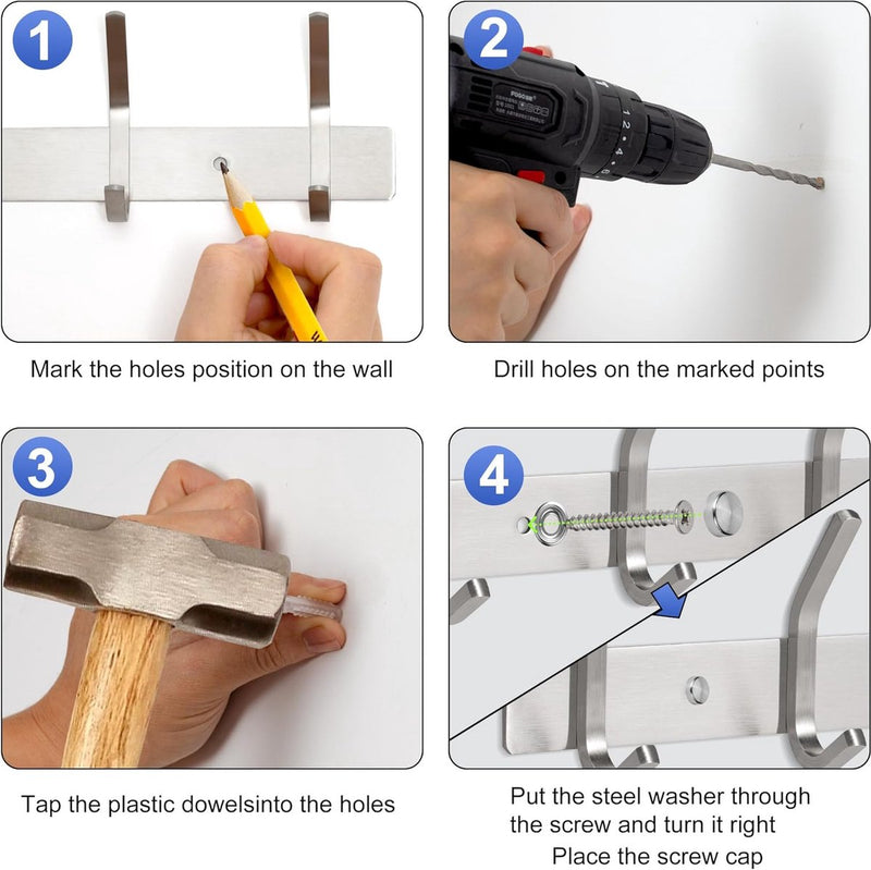 Wandkapstokken, roestvrij staal (2 stuks), zware kapstokken, wandhaken, wandkapstok, haakrail (zilver J modern)