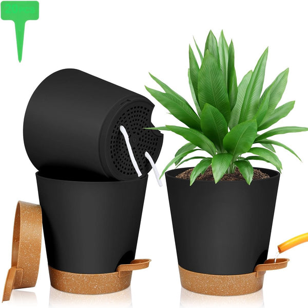 Bloempot van kunststof, 3 stuks, bloempot met schotel, plantenpot, zelfwatergevend, 16,5 x 17 cm, met 20 plantenlabels, bloempot met bewateringssysteem voor kamer- en balkonplanten