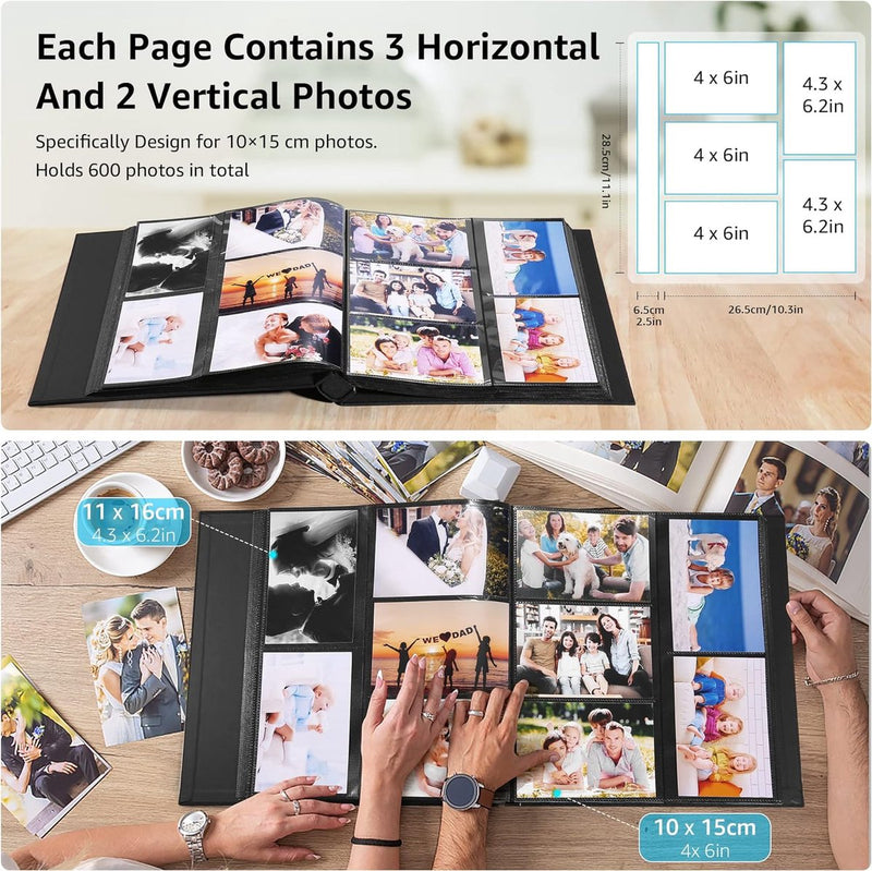 Fotoalbum, insteekalbum, 600 foto's (10 x 15 cm), linnen omslag, 60 vellen/120 pagina's, fotoboek om in te steken, fotoalbum, perfect voor familie, bruiloft, reizen, baby, zwart