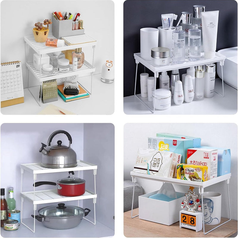 Set van 2 kleine planken, desktop-organizer, staand rek, stapelrek, plankinzet, kunststof met inklapbare metalen poten, kruidenrek voor kantoor, badkamer, keuken, opbergplanken, organisatie,