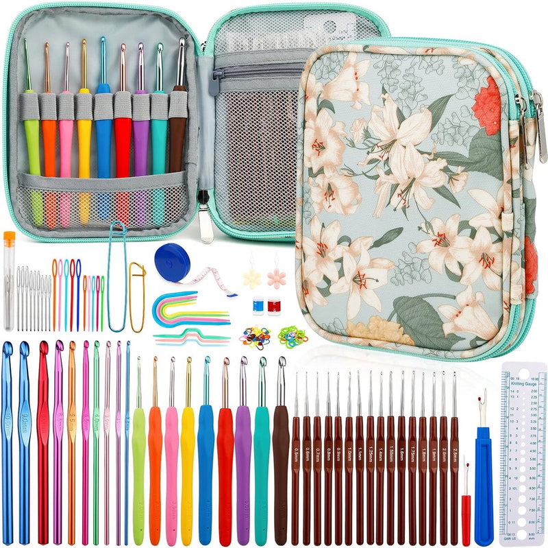 Haaknaaldenset, ergonomische zachte rubberen haaknaalden met comfortabele handgreep voor het breien voor beginners, volwassenen, kleurrijke haaksets, accessoiresets en verschillende soorten naalden