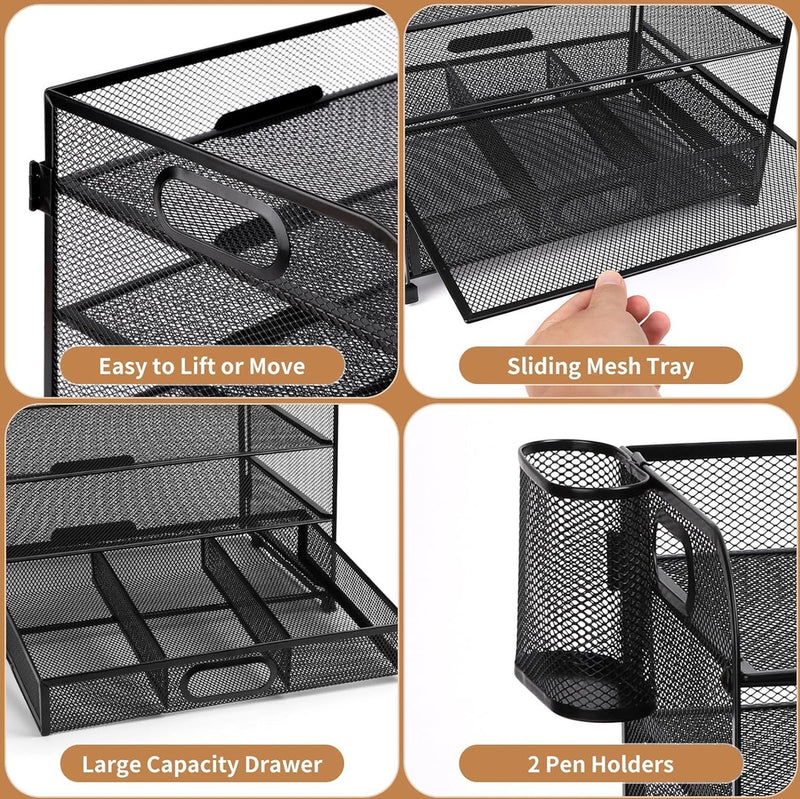 Mesh Brievenbak Organisator, Bureau Nette Organisator Bestand Documenthouder A4 Papieren Archiefladen voor Thuiskantoor School (Mesh Metal 4 Tier + Lade + Penhouder)