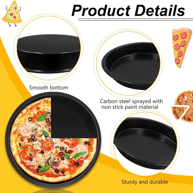 Set van 4 ronde pizzaplaten, 18,1 x 15 x 2,5 cm koolstofstalen pizzaplaat met 2 siliconenborstels voor taarten, pizza, brood, taarten, koekjes, bakken (zwart)