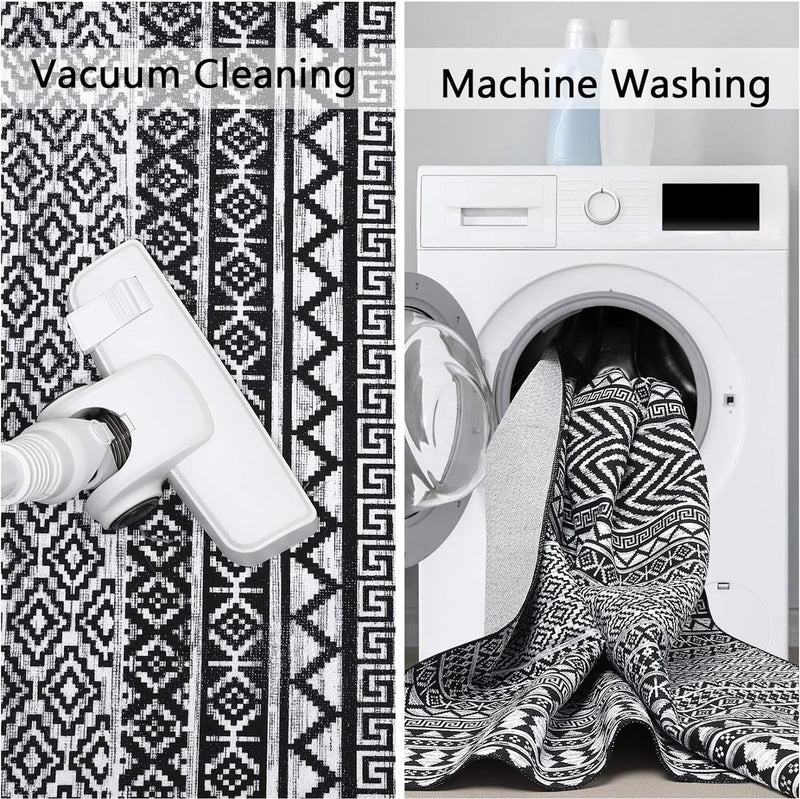 Vloerkleed voor binnen en buiten, rond, lage pool, machinewasbaar, water- en vlekafstotend tapijt voor woonkamer, slaapkamer, eetkamer, thuiskantoor, 120 cm, zwart