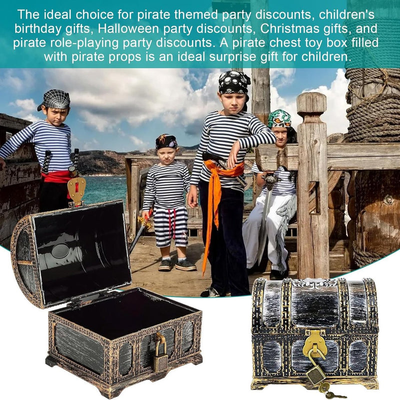 Afsluitbare schatkist voor kinderverjaardag, schatkist bruiloft met slot, kunststof piraten, schatkist, klein, bewaren en decor, schatkist piraat, schatfeest (1)