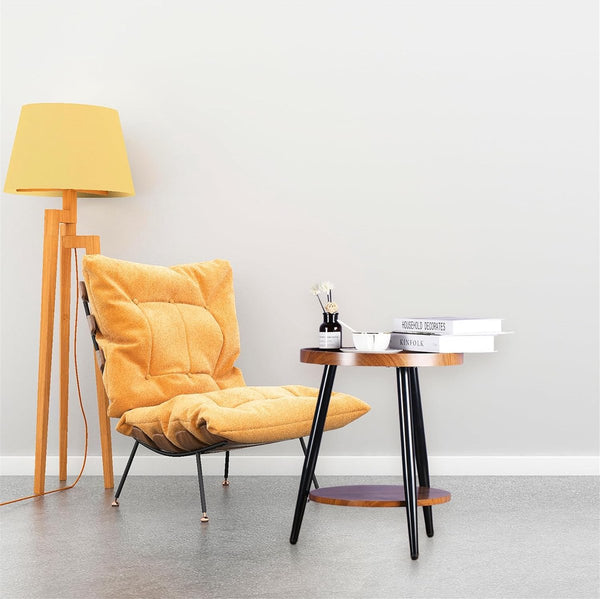 Bijzettafel met 2 planken, ronde salontafel met opbergruimte, 2-laags walnootkleurige MDF-banktafel met ronde planken, nachtkastje, houten tafel met stalen frame, 40 x 48cm (walnoot)