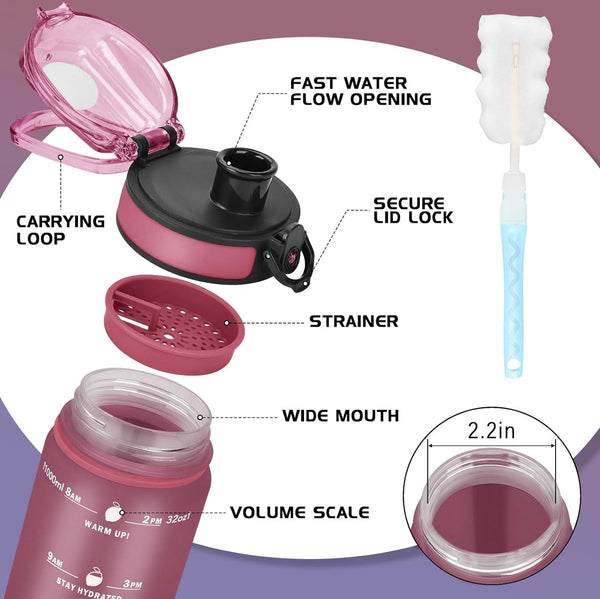 Waterfles 1L BPA-vrije waterfles met deksel en lekvrij, geschikt voor sportschool, school, fietsen, buiten, sport, fitness