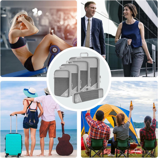 Kledingtassenset 7 kofferorganizerset, verpakkingsblokjes compressie, kofferorganisator voor op reis, verpakkingsblokjes rugzak, bagage-organizer met elektronische kabeloplader (grijs)