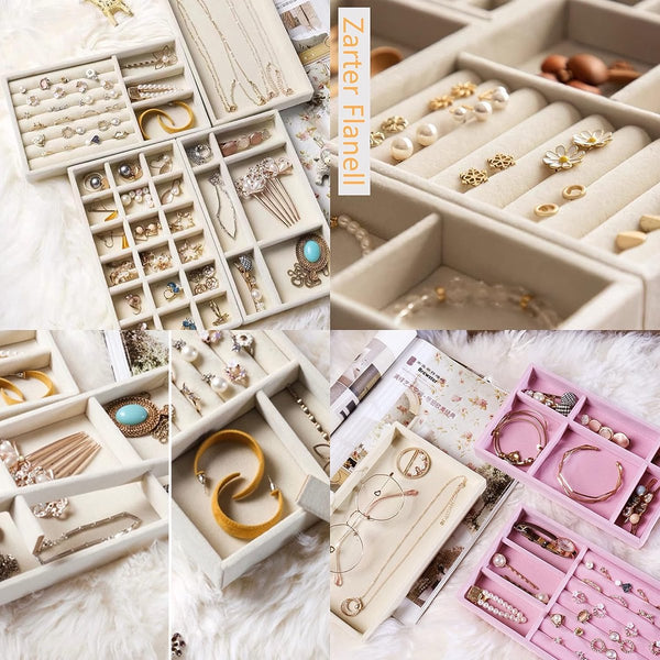 Opbergdoos voor sieraden, 4 stuks, sieradenkistjes, sieradenorganizers, fluweel, stapelbaar, sieradenorganizer voor sieraden, oorbellen, armband, ringen (beige)