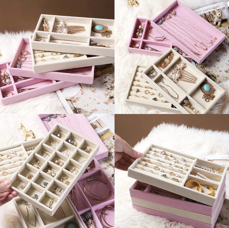 Opbergdoos voor sieraden, 4 stuks, sieradenkistjes, sieradenorganizers, fluweel, stapelbaar, sieradenorganizer voor sieraden, oorbellen, armband, ringen (beige)