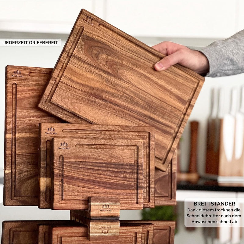 Premium houten snijplankenset van 4 (40x30, 33x24, 27x18, 21x15 cm) I van robuust acaciahout I inclusief plankenstandaard I houten keukenplank I dikke snijplanken met sapgleuf I snijplankenset