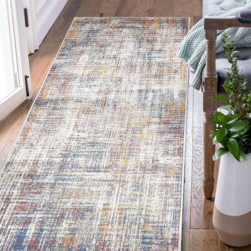 Loper voor de gang, abstract tapijt, laagpolig, dunne tapijten, geometrisch keukentapijt, tapijtloper, slaapkamer, woonkamer, eetkamer, werkkamer, kantoor, opvouwbaar, 60 x 210 cm, donkerrood