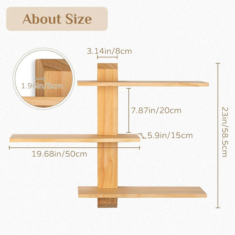 Wandrek, hout, 3-traps rustiek, zwevend rek, houten rek voor keuken, kinderkamer, badkamer, woonkamer, slaapkamer