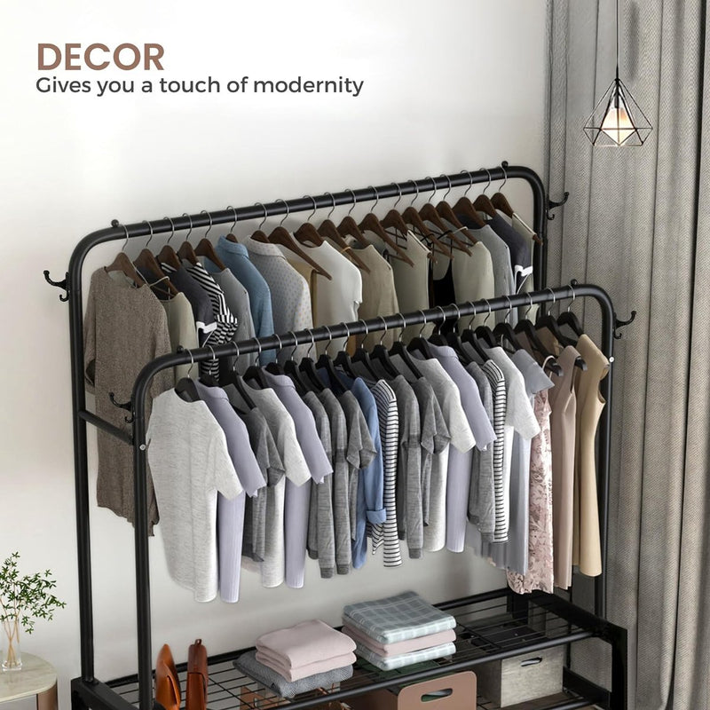 Kledingroede met 2 bovenstangen, 2 onderplanken en 4 kapstokhaken. Dubbele kapstok voor thuis, slaapkamer, woonkamer