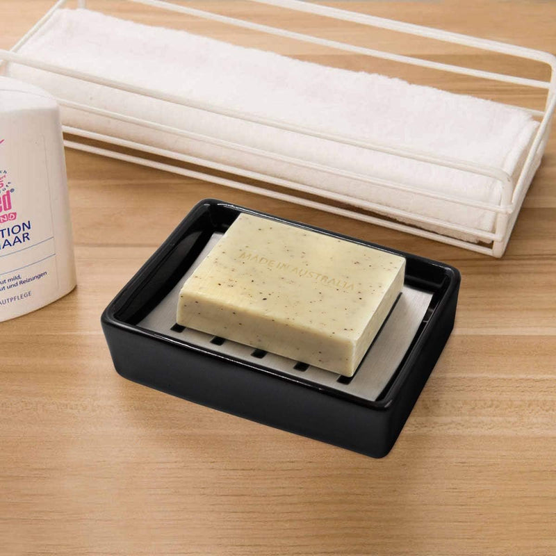 Keramische zeepbakje SUS304 badkamer dubbellaags zeepbakje zelflozende zeepbakje zeg nee tegen pluizige zeep eenvoudige reiniging (zwart)