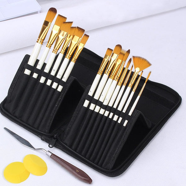 Penselenset acrylverf 15-delige penselenset schilderen, penselenset voor olie, aquarel, gouache, olieverf penselen, inclusief pop-up draagtas met paletmes en 2 sponsjes