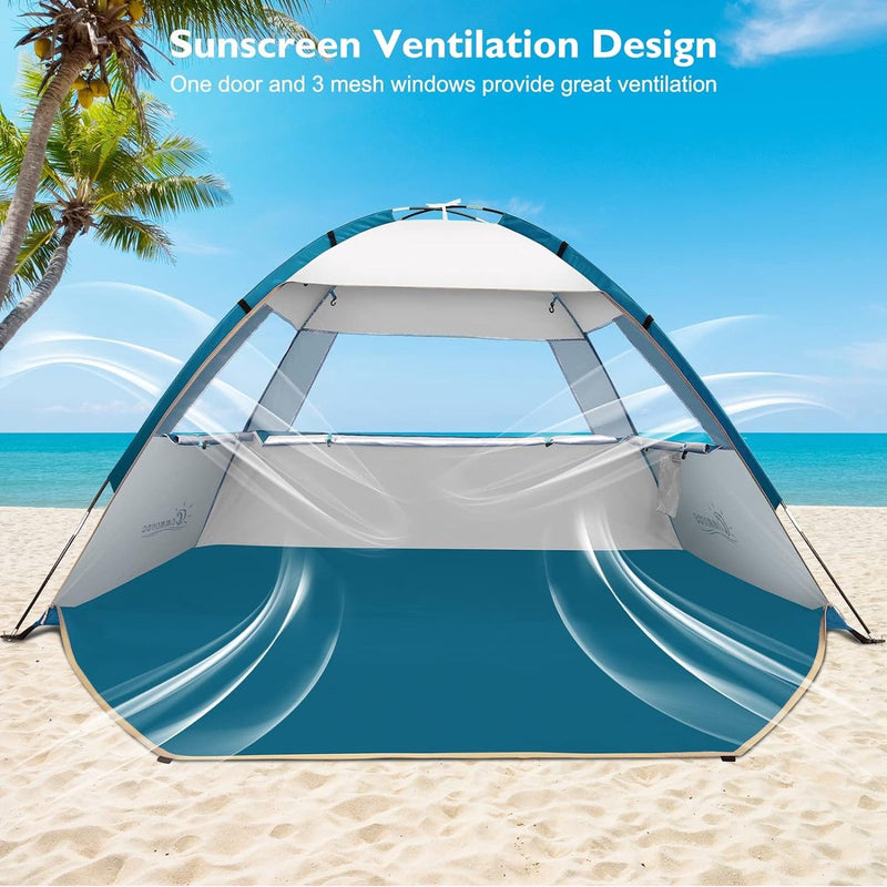 Strandschelpen voor 4-5 personen, draagbare strandtent met uv-bescherming 50+, familie-zonnetent strand met 2 mesh-ramen, snelle montage, eenvoudig dragen, parasol, strandtent voor buiten