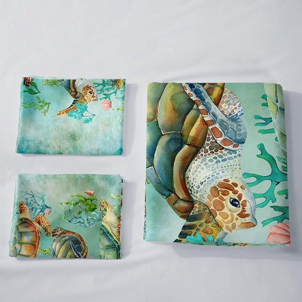 Beddengoedset met schildpad voor volwassenen, jongens en meisjes, aquarel-groene schildpadprint, dekbedovertrek met 2 kussenslopen (groene schildpad S)