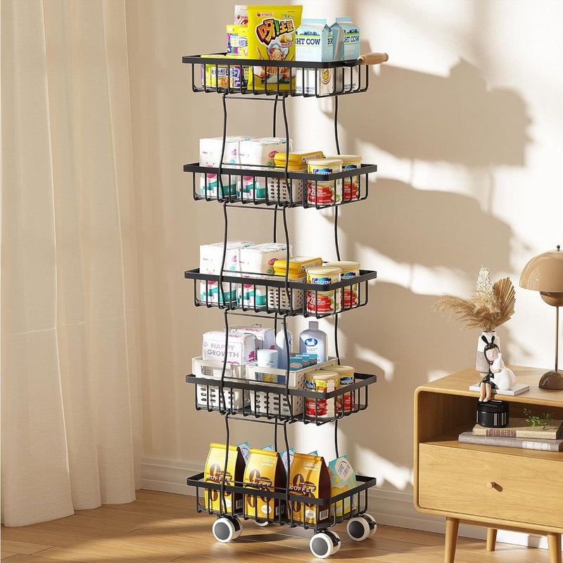 Keuken-niswagen met 5 niveaus, keukentrolley op wielen met handvat en remmen, voor kleine ruimtes in keuken, eetkamer, badkamer, zwart
