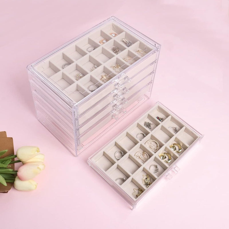 Sieradendoos van acryl met 5 laden, opbergruimte voor oorbellen, opbergdoos voor sieraden voor oorbellen, ring, sieradenorganizer (beige)