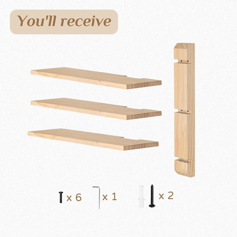 Wandrek, hout, 3-traps rustiek, zwevend rek, houten rek voor keuken, kinderkamer, badkamer, woonkamer, slaapkamer