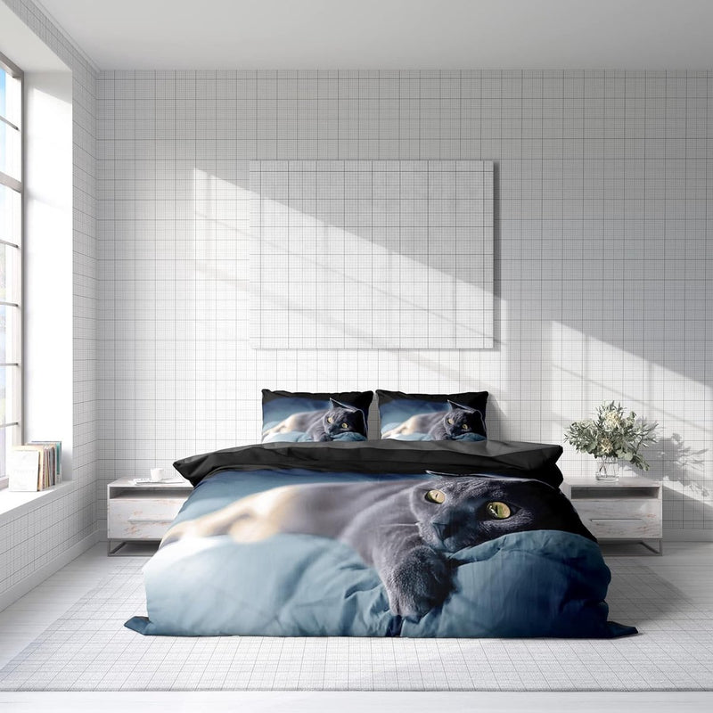 3D-dekbedovertrekset met kattenmotief, 135 x 200 cm + kussensloop 80 x 80 cm, omkeerbaar beddengoed, 2-delig, met ritssluiting
